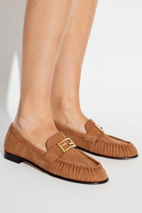 Fendi Leather Loafer Shoes, Womens, Brown