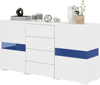 STILVORA Aparador Con 2 Puertas De Acrilico Y 4 Cajones, Led Por App, Para Salon, Mdf, Blanco, 140 X 35 X 72 Cm