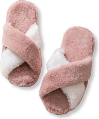 Generic Womens Slipper Cross-Strap Open-Toe Warm Cosy Non Slip Soft Lightweight Fluffy Slippers Deep Pink 5/5.5 UK