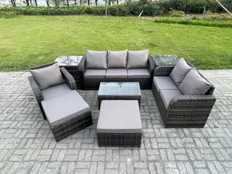 Fimous Outdoor Garden Furniture Sets 8 Pieces Wicker Rattan Furniture Sofa Sets with Rectangular Coffee Table Loveseat Sofa Footstool 2 Side Tables