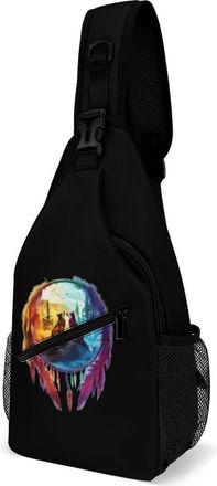 Generic Wolf Colorful Dream-catcher Mens Crossbody Chest Sling Bag for Travel Hiking Lightweight Shoulder Bags with Small Side
