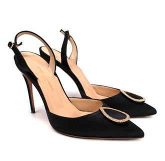 Jennifer Chamandi Black Satin Crystal Buckle Slingback Pumps Size 36