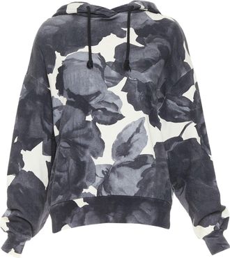 Dries Van Noten grey ivory cotton abstract rose print black drawstring hoodie S