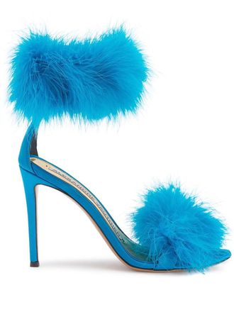 Alexandre Vauthier Veronica 105mm feather-detailing sandals - women - Satin/Leather - 38 - Blue
