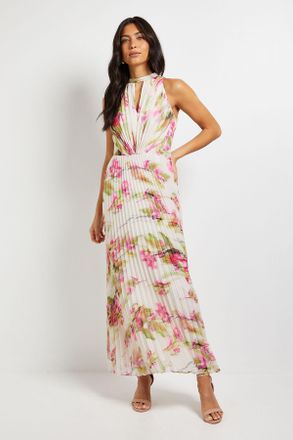 Wallis Womens Floral Print Pleated Maxi Dress - White - Size 16 UK