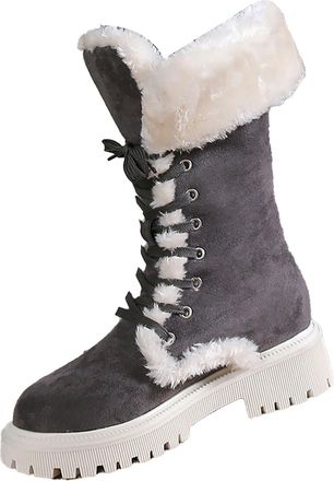 Generic Winter New Chunky Heel Warm Padded Straps Big Size Boots Warm Boot Insoles for Women (Grey, 7.5)