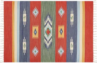 Beliani Alfombra Kilim De Algod&oacute;n Rojo Azul Verde Amarillo 140 X 200 Cm A Mano Geom&eacute;trico Borlas Kamaris
