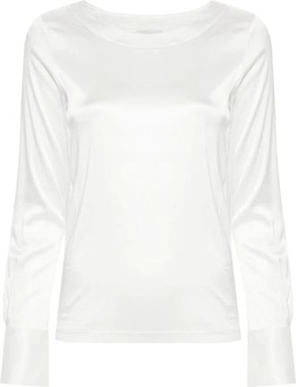 Mazzarelli Blouses, female, White, Size: L White Satin Boat Neck Shirt