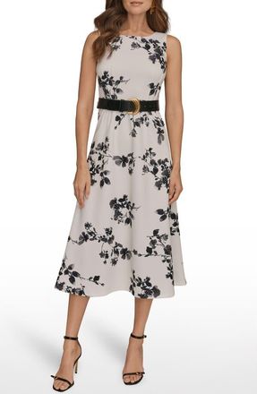 DKNY Belted Floral Print Midi Dress in Cream/Black Multi at Nordstrom, Size 12