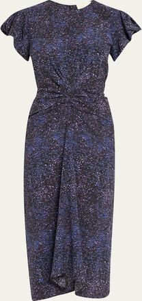 Isabel Marant Terena Mosaic Stretch Silk Puff-Sleeve Midi Dress