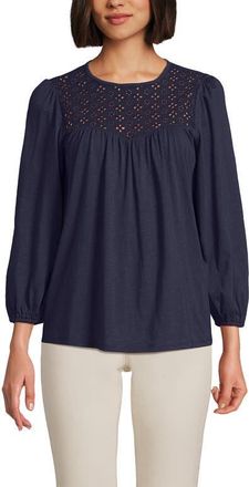 Lands End 3/4 Sleeve Eyelet Mix Flowy Top in Faded Navy at Nordstrom, Size X-Large