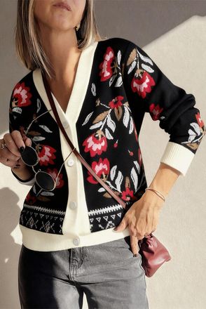 Azura Exchange Womens Floral Print Buttoned Cardigan - Black - Size X-Large