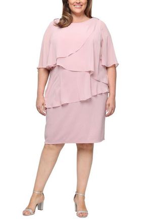 S.L. Fashions Tiered Glitter Chiffon Sheath Dress in Blush at Nordstrom, Size 18W