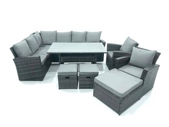 Fimous Outdoor Furniture Garden Dining Set Rattan Corner Sofa Set with 3 Footstools 2 Armchairs in Dark Grey