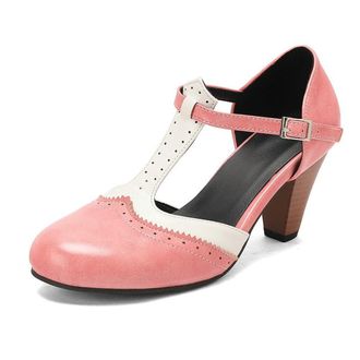 Generic Womens T-Strap Perforated Colorblock Oxfords Dress Pumps Round Toe Chunky Heel Mary Jane Shoes with Adjustable Strap (7.5,Pink)