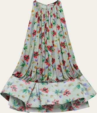 Loewe Flamenco Pleated Floral Satin Drop-Waist Mini Dress