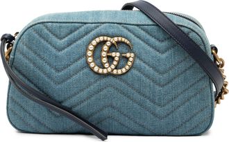 Gucci Pre-owned Womens Small Gg Marmont Matelasse Denim Pearly Crossbody - Light Blue Textile - One Size
