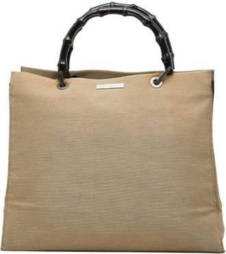 Gucci Bamboo Beige Black Canvas Handbag Tote Bag (Pre-Owned)
