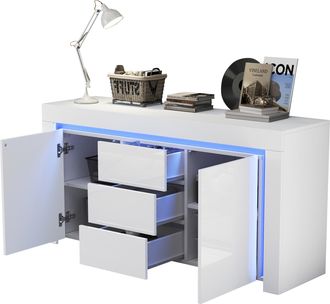 STILVORA Aparador Con 2 Puertas 3 Cajones Y Led, Frente Brillante, Para Sal&oacute;n En Mdf, Blanco, 140 &times; 40 &times; 65 Cm