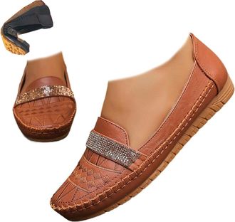 Generic Stylish Orthopedic Leather Shoes, Rhinestone Womens Sparkly Orthopedic Loafers, Lightweight Sparkly Slip On Shoes for Dressy Daily Wear (Brown,6.5)