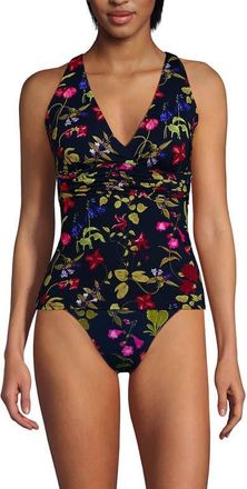 Lands End Plus Size V-Neck Plunge X Back Tankini Top in Deep Sea Multi Garden Floral at Nordstrom, Size 2X