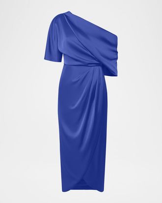 Theia Rayna Draped One-Shoulder High-Low Gown