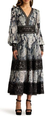 Tadashi Shoji Floral Lace Detail Metallic Thread Long Sleeve Cocktail Midi Dress in Ivory/Black at Nordstrom, Size 10