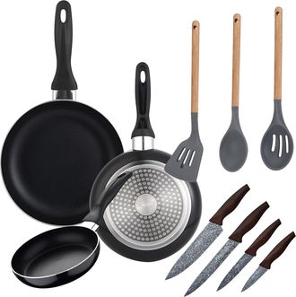 San Ignacio Set Sartenes Navy Black 16/20/24 Cms. Al. Prensado, Inducci&oacute;n, Con Set 4 Cuchillos De Cocina, Acero Inoxidable, Con Set 3 Utensilios De Cocina, Nylon