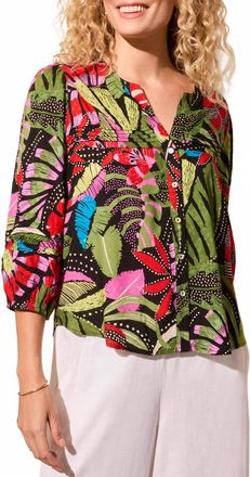 Tribal Tropical Button Front Blouse In Loden Olive