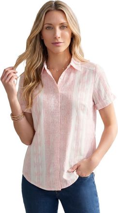Roaman's Plus Size Kate Short Sleeve Easy Cotton Blend Button Front Shirt in Desert Rose White Stripe at Nordstrom, Size 26