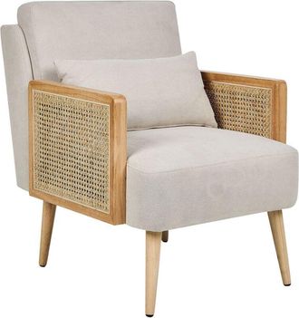 Beliani Sill&oacute;n Tradicional De Poli&eacute;ster Estructura De Madera Con Rat&aacute;n Trenzado Patas De Madera Tapones De Pl&aacute;stico Con Coj&iacute;n Beige Claro Orum