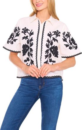 CeCe by Cynthia Steffe Embroidered Relaxed Fit Cotton Button-Up Shirt in Eggnog at Nordstrom, Size X-Large