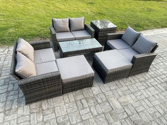 Fimous Outdoor U Shape Sofa Set Wicker PE Rattan Garden Furniture Set with Coffee Table Double Seat Sofa 2 Big Footstool in Dark Grey
