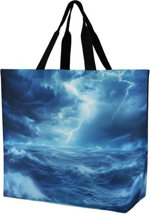 Generic Storm in Night Ocean Tote Bag Reusable Grocery Shopping Bags Large Travel One Shoulder Handbag for Picnic Work