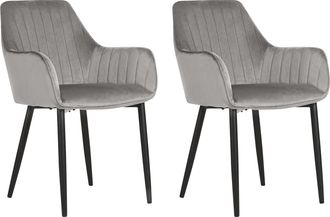 Beliani Beliani - Conjunto De 2 Sillas De Comedor De Terciopelo Gris Reposabrazos Patas De Metal Negro Retro Glam Wellston