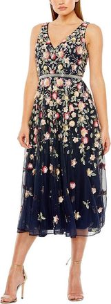 Mac Duggal Embroidered Mesh V-Neck Sleeveless Midi Dress
