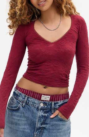 BDG Textured V-Neck Long Sleeve Crop Top in Maroon at Nordstrom, Size X-Large