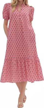 Entro Petal Poise Puff Sleeve Ruffle Hem Midi Dress In Pink