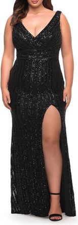 La Femme Long Sequin Plus Size Dress with Banded Waist in Black at Nordstrom, Size 12W