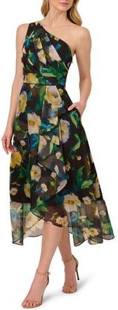 Adrianna Papell Floral One Shoulder Fit & Flare Dress in Black Yellow Multi at Nordstrom Rack, Size 12