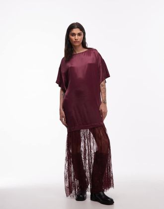 Asos Vestito T-shirt lungo ibrido in raso color bordeaux con gonna in pizzo-Rosso