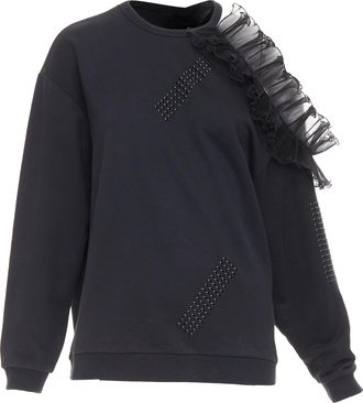 Christopher Kane black cotton ruffle frill cut out shoulder studded sweatshirt S