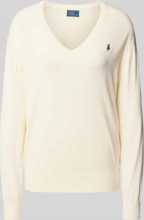 Polo Ralph Lauren Strickpullover mit Logo-Stitching und V-Ausschnitt in Offwhite, Größe XXL