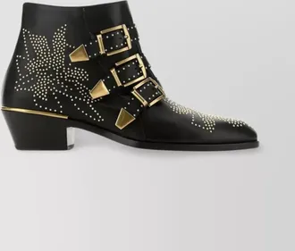 Chlo&eacute; studded nappa leather ankle boots with decorative straps