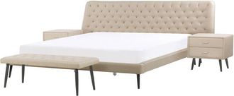 Beliani Conjunto de muebles de dormitorio cama tapizada en piel sintética beige 160 x 200 cm dos mesitas de noche un banco Essonne