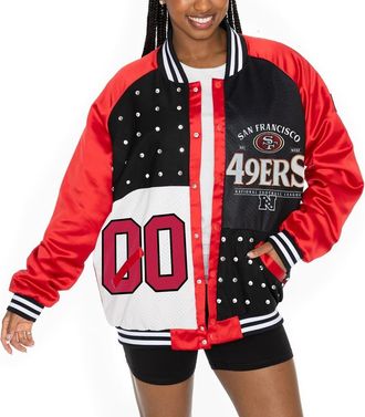 Gameday Couture Womens Gameday Couture Scarlet/Black San Francisco 49ers Oversized Hot Shot Rhinestone Throwback Full-Snap Varsity Bomber Jacket at Nordstrom, Size
