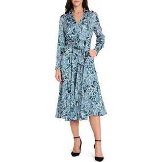 Tahari by ASL Tie Belt Matte Satin Shirtdress in Teal at Nordstrom Rack, Size 14