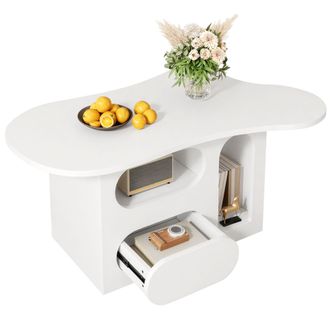 STILVORA Mesa De Centro Forma De Nube Con 2 Cajones Y Compartimentos Abiertos, Bordes Redondeados, Estilo Moderno, En Aglomerado, Blanco, 97&times;45&times;43,5 Cm
