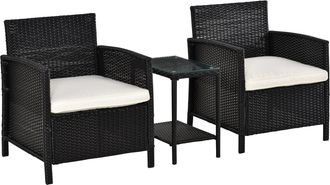 OUTSUNNY 3 PC Outdoor Rattan Sofa Set w/ Chairs Coffee Table Cushion Black | TJ Hughes