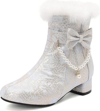 Generic Womens Faux Fur Lined Ankle Boots Round Toe Chunky Block Heels Bow Pearl Chain Comfortable Non-Slip Wear-Resistant for Tea Party Lolita Outfit Casual 